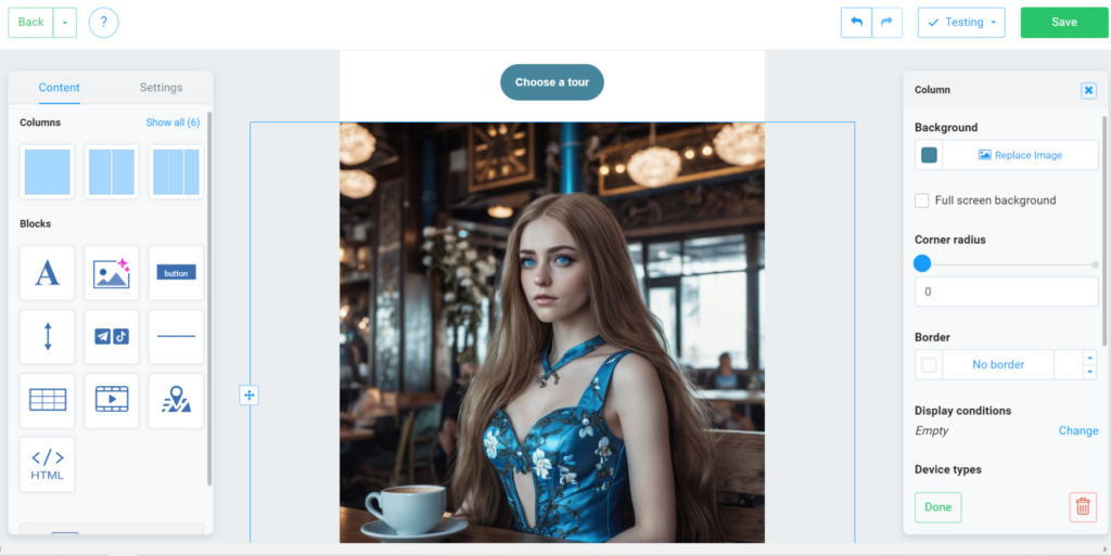 Example of square image on request Beautiful 28-year-old woman, long hair, big blue eyes. Wearing a beautiful blue dress with white flowers. Daytime, summer, sitting in a café, drinking coffee.