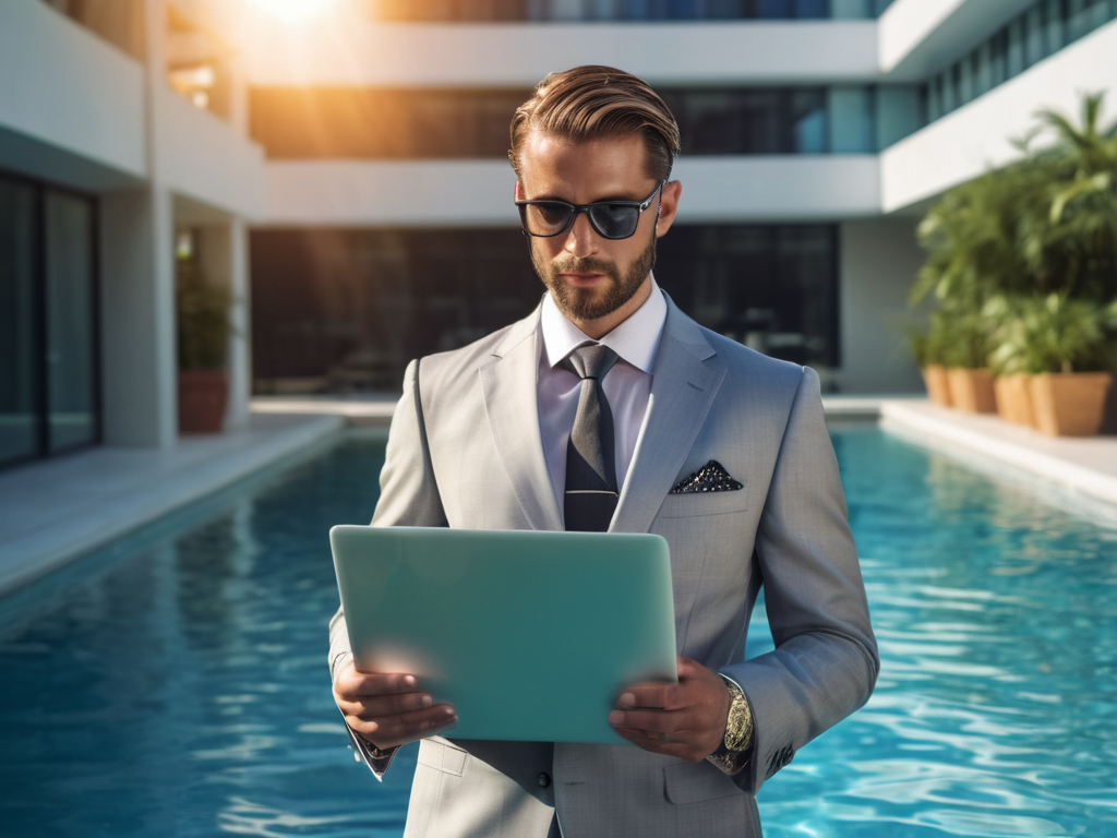 Realistic close up photo of a man in an office suit standing waist deep in pool water