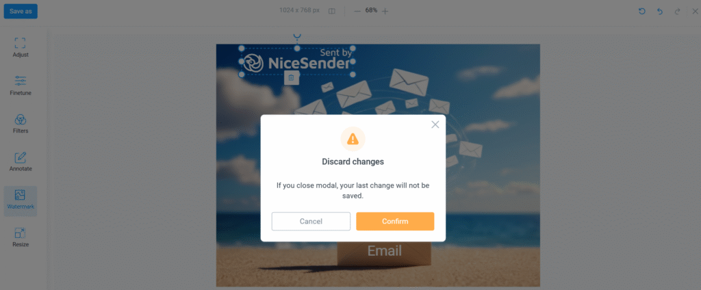 The NiceSender image editor features data loss protection