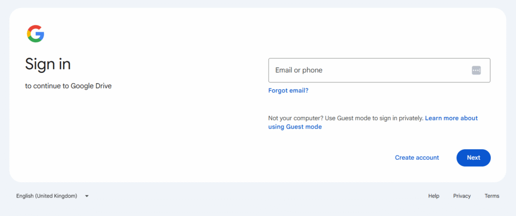 Google log in screenshot