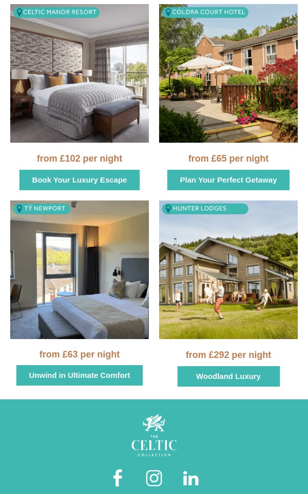Screenshot 2 of a Celtic manor email example '£54 Last Minute Escapes'