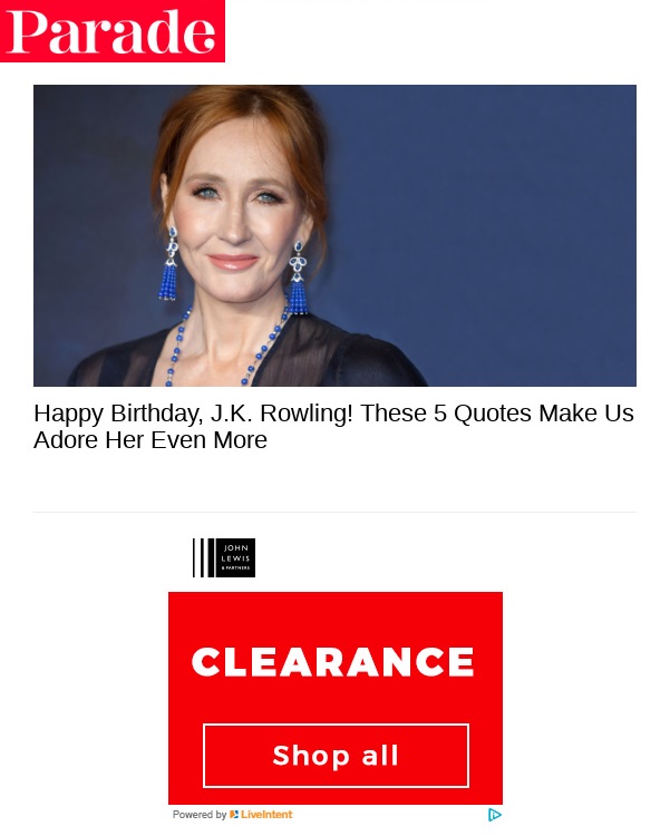 Screenshot of a Parade.com email example featured in NiceSender's blog, showing J.K. Rowling smiling with a headline about inspiring quotes.