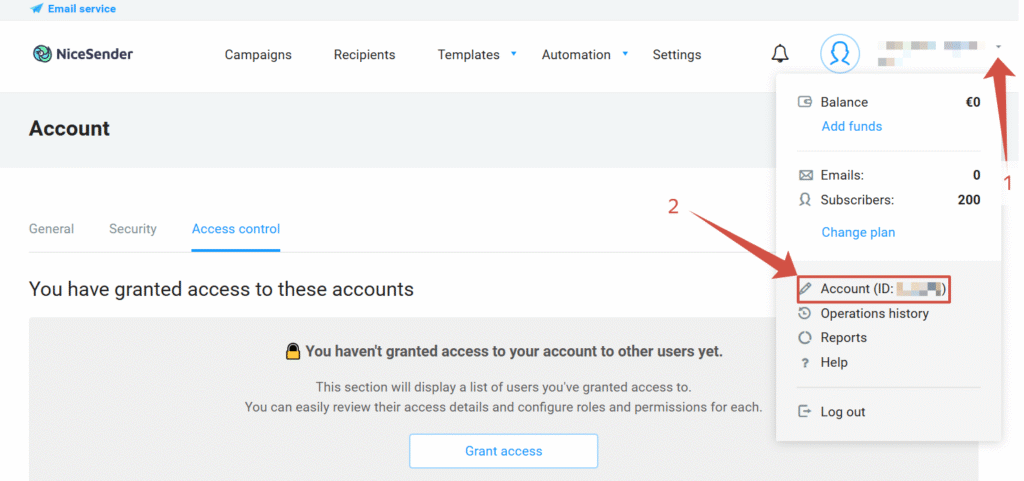 How to go to the Account section in NiceSender