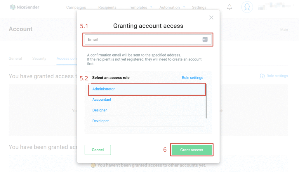 Granting access to a NiceSender account, steps 5 and 6
