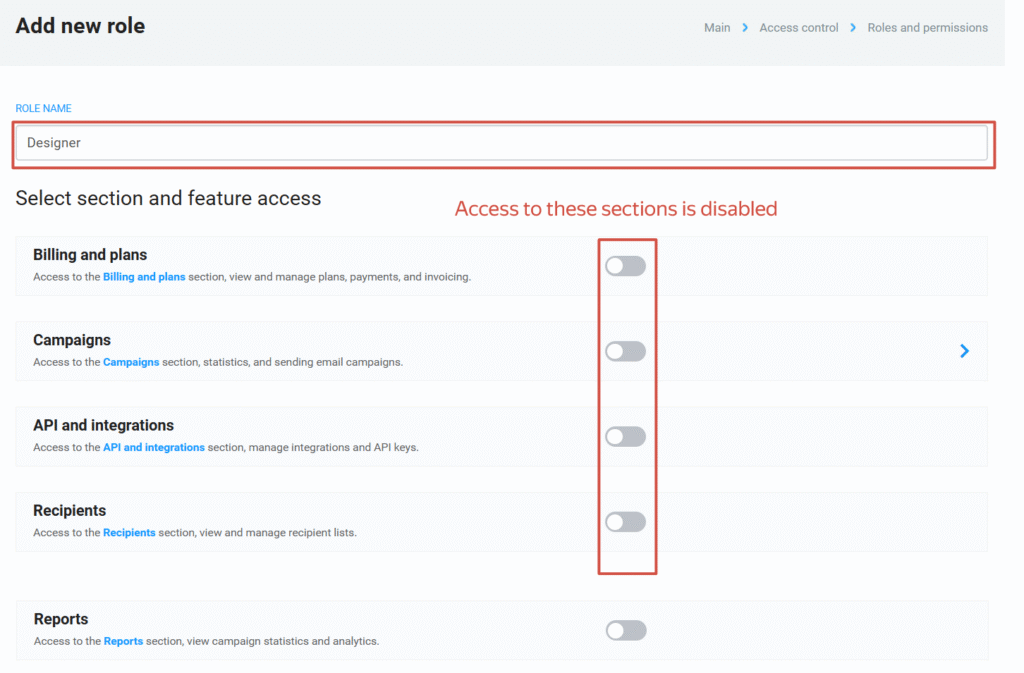 Disabling access to sections and functionality in NiceSender for a new user role