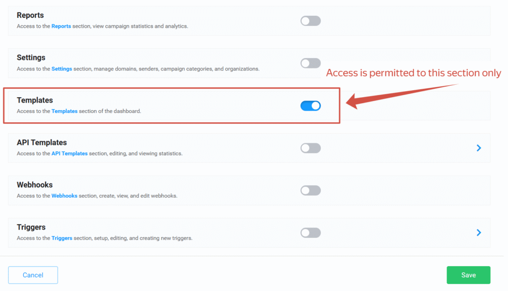 Enabling access to the Templates section in NiceSender for a new user role