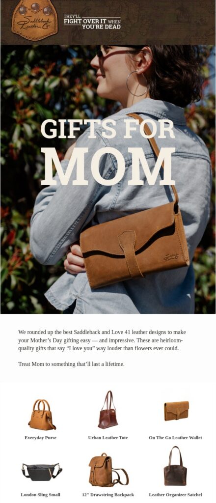Screenshot of a Saddleback leather email example for 'Top Picks for Mom'