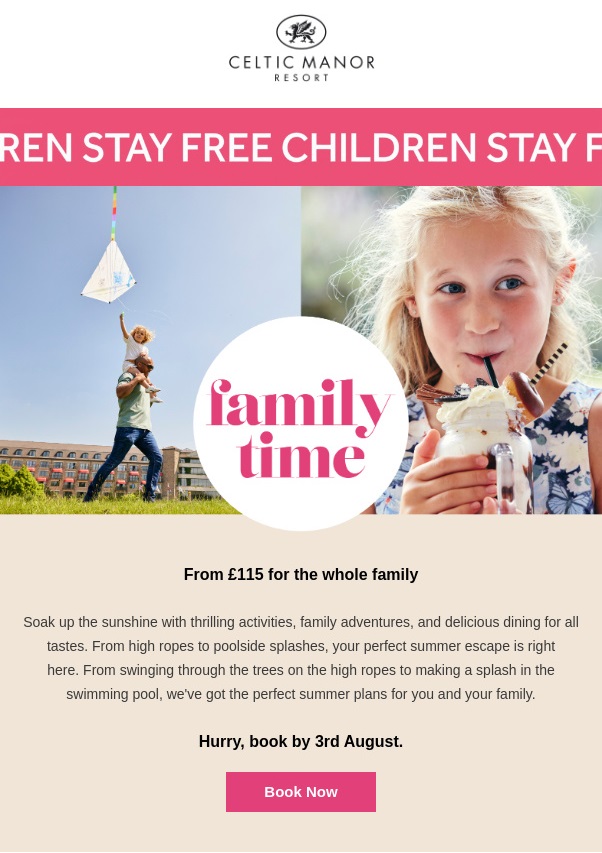 Screenshot of a Celtic manor email example '£115 - A Summer Escape for Everyone'
