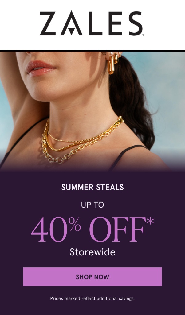 Screenshot of a Zales email example for 'Hot Deals, Cool Looks' featured in NiceSender's blog, showcasing jewelry and a discount offer-1