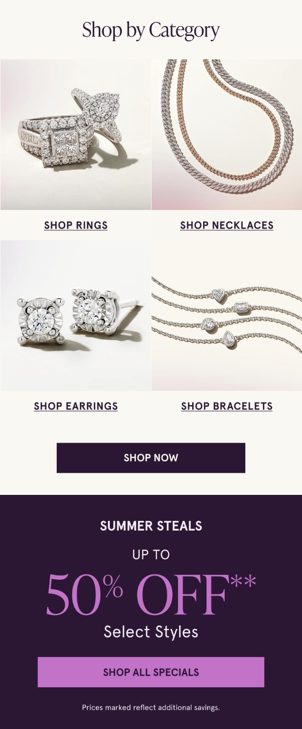 Screenshot of a Zales email example for 'Hot Deals, Cool Looks' featured in NiceSender's blog, showcasing jewelry and a discount offer-2