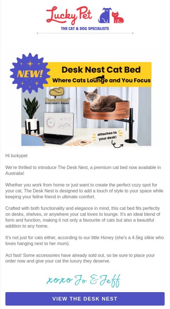 Screenshot 1 of a Lucky Pet Supplies email example 'Upgrade Your Cat's Favourite Spot with The Desk Nest—Now in Australia!'