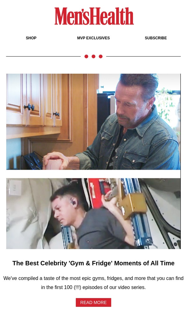 An email screenshot from Men's Health featuring a photo of Arnold Schwarzenegger in a kitchen. This image is used as a visual idea for a Gym Day campaign.