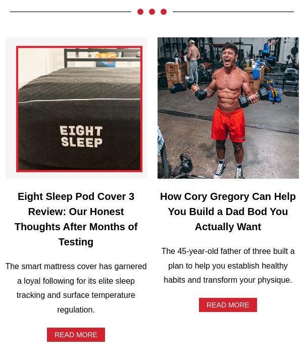 An email screenshot from Men's Health with two blocks: one shows a black 'Eight Sleep' mattress cover, the other features a muscular man lifting dumbbells in a gym. These are used as visual examples for a Gym Day campaign.