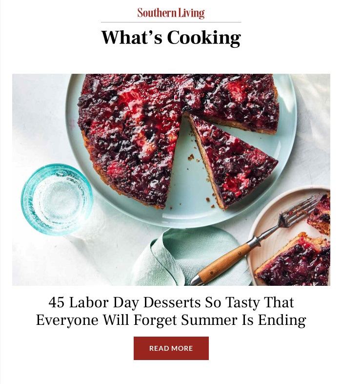 An email screenshot from Southern Living showing a berry pie on a blue plate. This serves as a visual example for a campaign on Eat an Extra Dessert Day.
