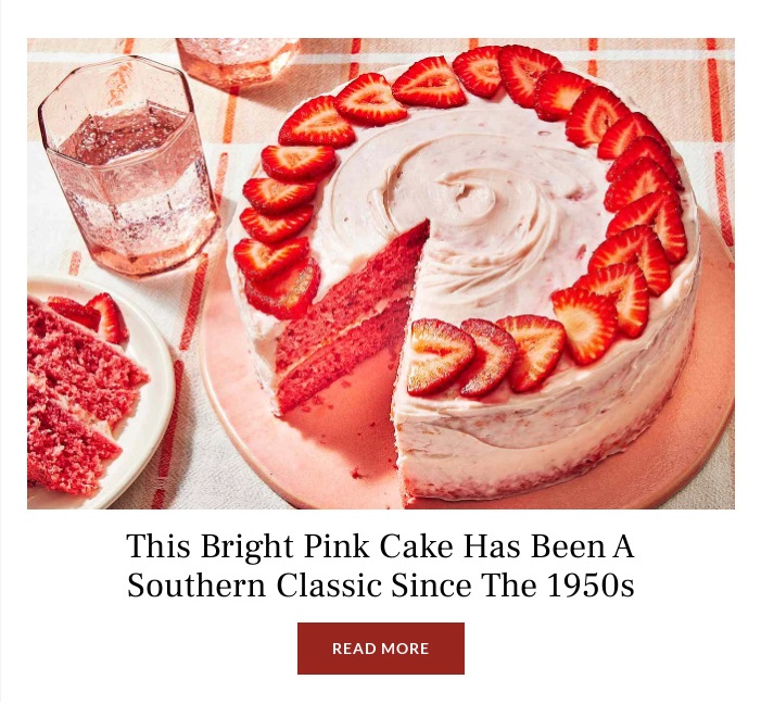 A screenshot of an email from Southern Living featuring a pink strawberry cake. This is used as inspiration for a newsletter on Eat an Extra Dessert Day.