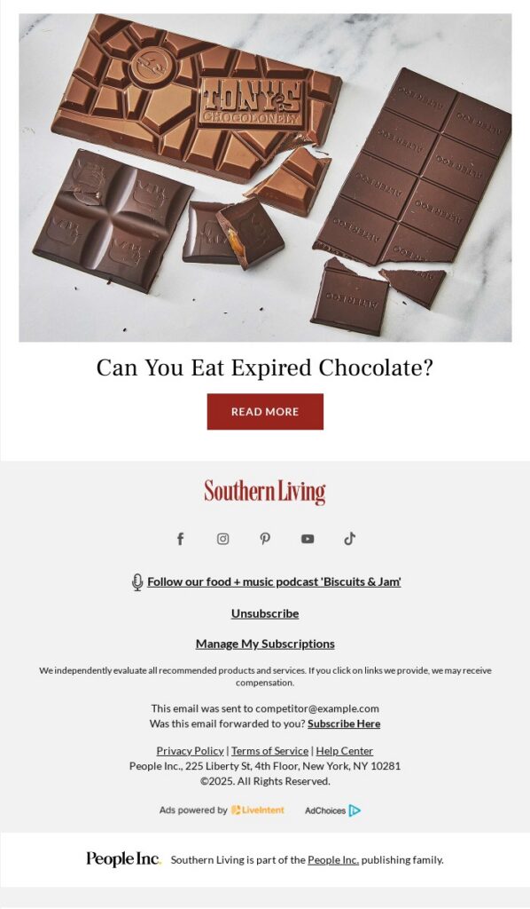 An email screenshot from Southern Living showing a large, broken Tony’s Chocolonely bar and other chocolate pieces. Used as an example for a content-driven email campaign for International Chocolate Day.