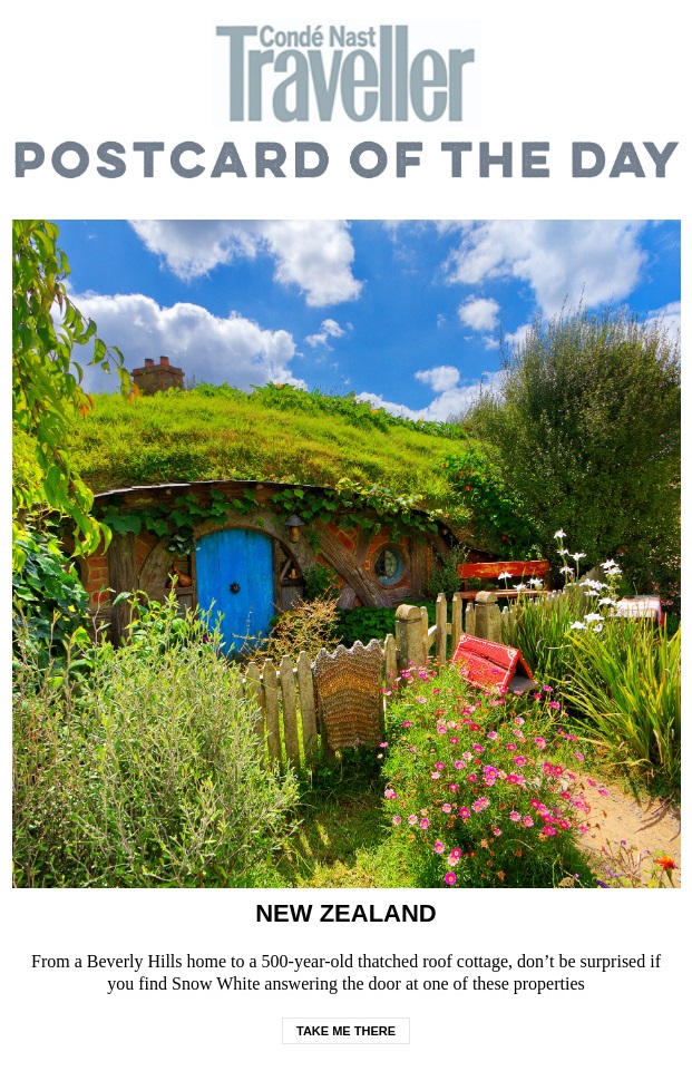 An email screenshot from Conde Nast Traveller showing a small cottage with a round blue door and a green grass roof, which is a real-life Hobbit Hole from the Lord of the Rings film set in New Zealand. This is a perfect visual example for a Hobbit Day campaign.