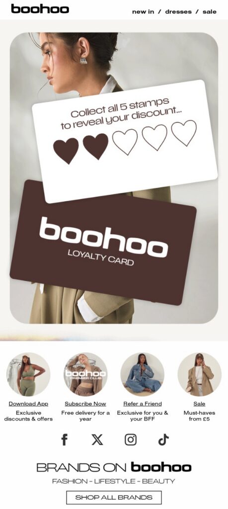 A screenshot of an email from boohoo promoting a loyalty program with heart-shaped stamps. This is a creative visual example for a Love People Day campaign.