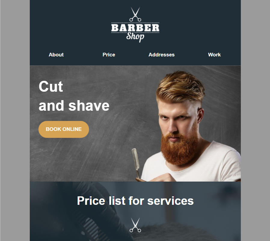 An email template from the NiceSender service featuring a bearded man holding a straight razor. This is a visual example for a World Beard Day campaign.