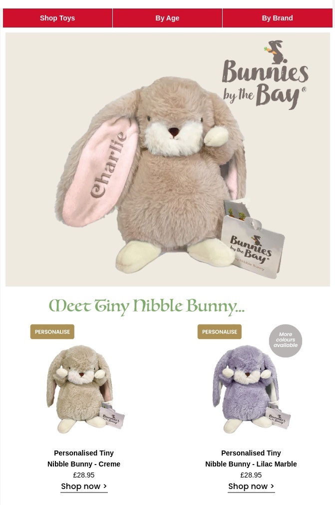 An email from Hamleys showing a large, personalized plush bunny with the name 'Charlie' on its ear, and two smaller plush bunnies below. This is a visual example for a product campaign on Bunny Day.