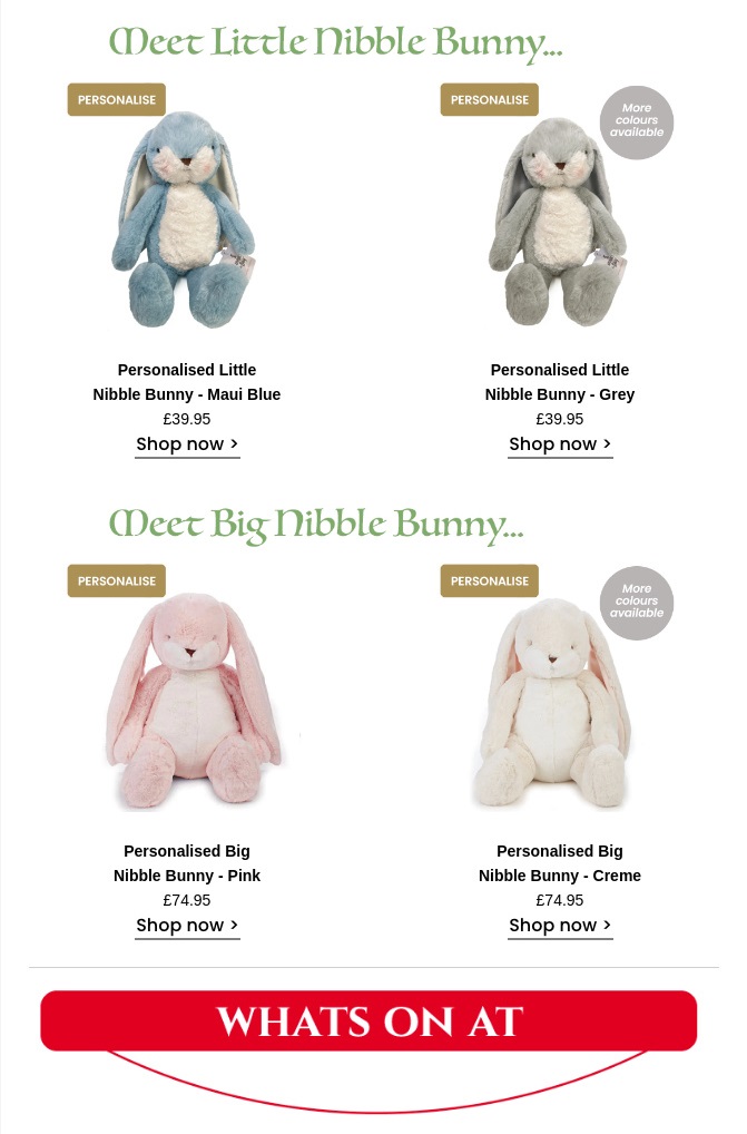 A screenshot of an email from Hamleys displaying 4 plush bunnies (blue, gray, pink and beige). This serves as a product inspiration for a Bunny Day newsletter.