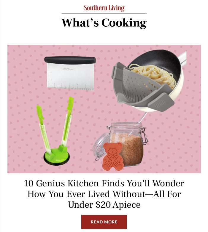 An email screenshot from Southern Living showcasing various kitchen gadgets like a dough scraper and a pasta strainer. This serves as a visual example for a 'love at first sight' product campaign on First Love Day.