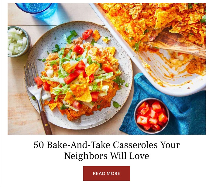 A screenshot of an email from Southern Living featuring a baked casserole dish. Used as an inspiring visual for a 'love at first taste' food campaign for First Love Day.