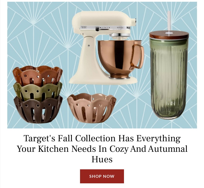 An email screenshot from Southern Living displaying kitchenware including a stand mixer and decorative bowls. This is a visual idea for a home goods promotion for First Love Day, suggesting 'love at first sight' with new kitchen items.