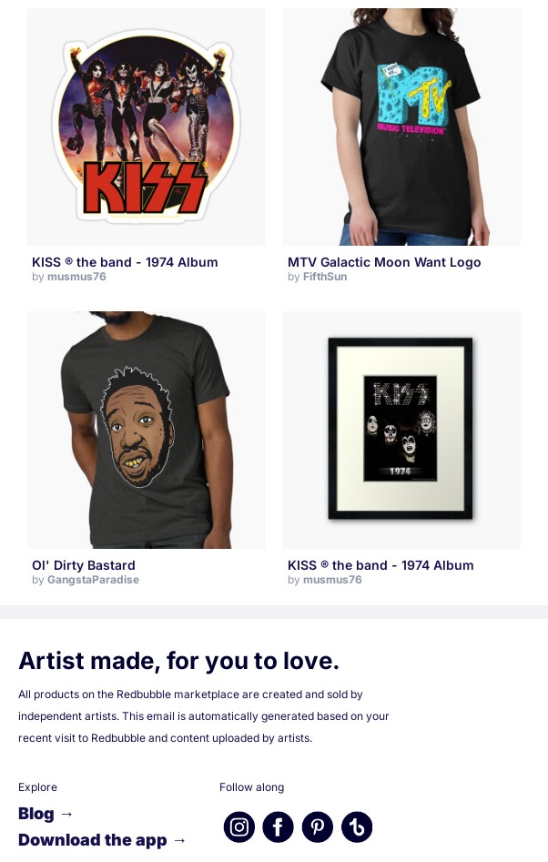A screenshot of a Redbubble email showing a grid of music merchandise, including a KISS sticker and an Ol' Dirty Bastard t-shirt. This serves as a product inspiration for a One-Hit Wonder Day newsletter.
