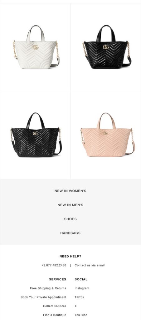 A screenshot of an email from Gucci displaying four versions of the new 'Gucci Betty' handbag in different colors. This is used as a product inspiration for a World Dream Day campaign.
