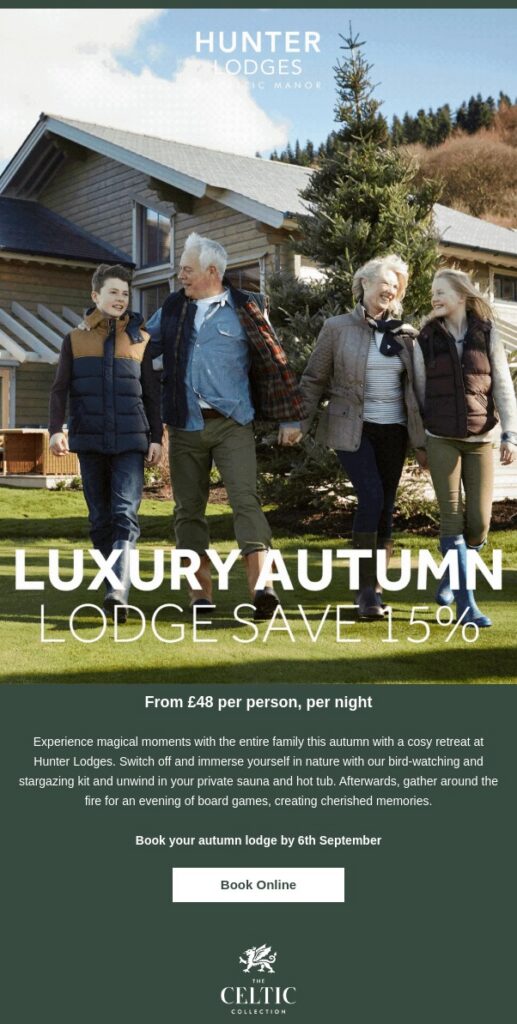 An email from Celtic Manor showing a multi-generational family—an older couple with two children—walking together on a lawn. Used as a visual idea for a Grandparent’s Day campaign.