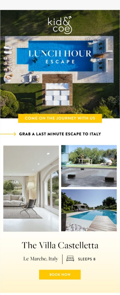 An email from Kid & Coe promoting a travel escape to a villa in Italy, with an aerial view of a pool and shots of the building's interior and exterior. This is used as a visual example for a campaign on the International Day of Radiant Peace.