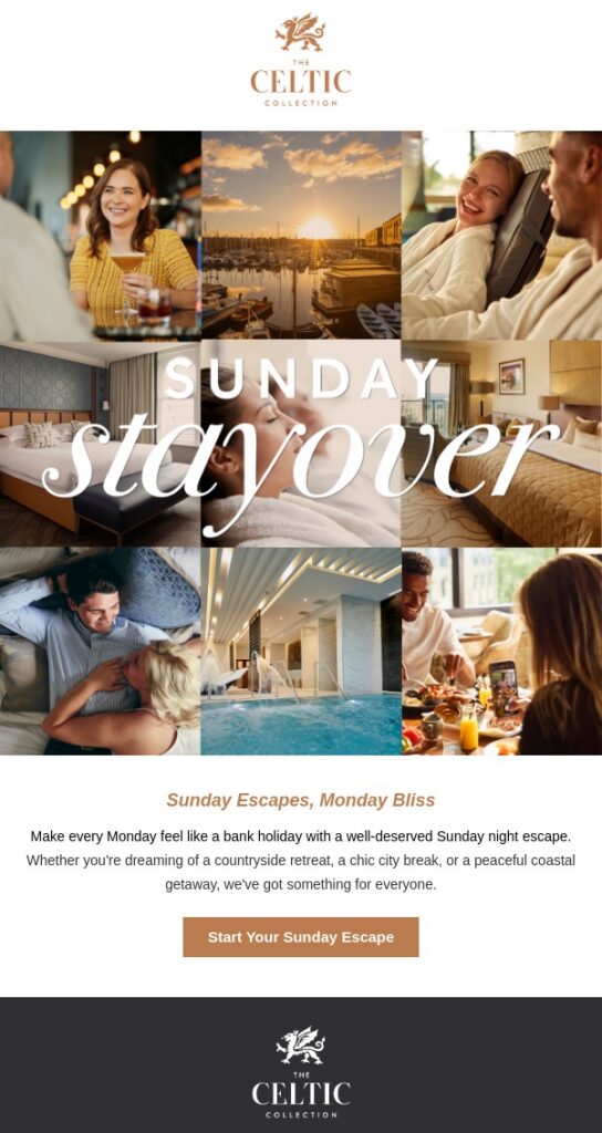 An email screenshot from Celtic Manor showing a collage of happy people enjoying a relaxed stay at a hotel, with images of a pool, sunset, and comfortable rooms. This serves as a visual example for a campaign on International Day of Peace.