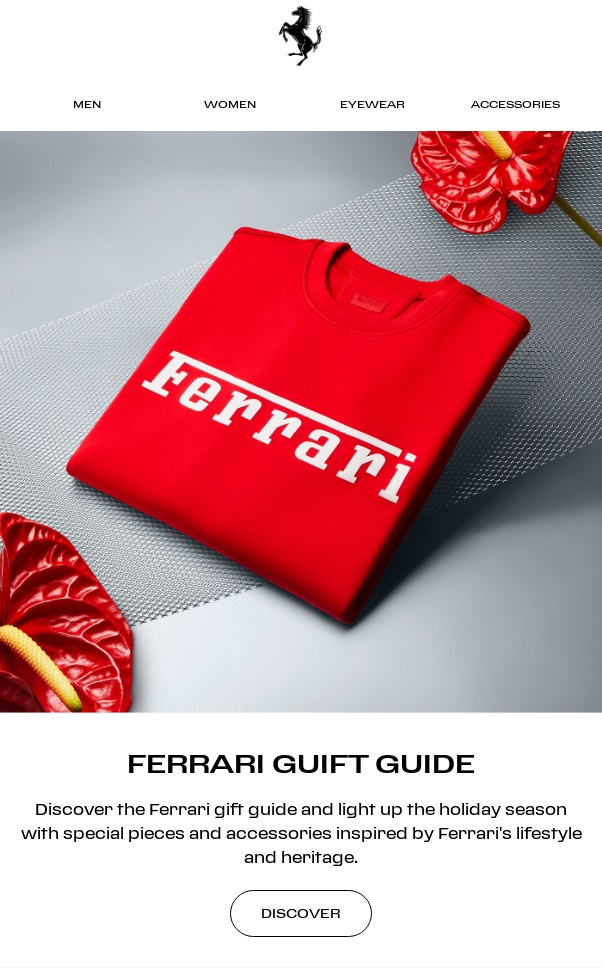 Email example, email campaign fragment (design block), sender: Ferrari Store, subject line: Ferrari Gift Guide, NiceSender email marketing platform blog