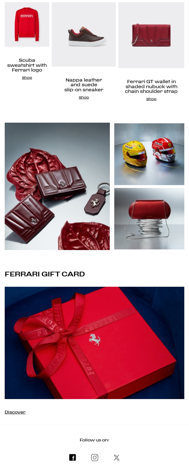 Email example, email campaign fragment (design block), sender: Ferrari Store, subject line: Ferrari Gift Guide, NiceSender email marketing platform blog, 50 infopods for email campaign in November