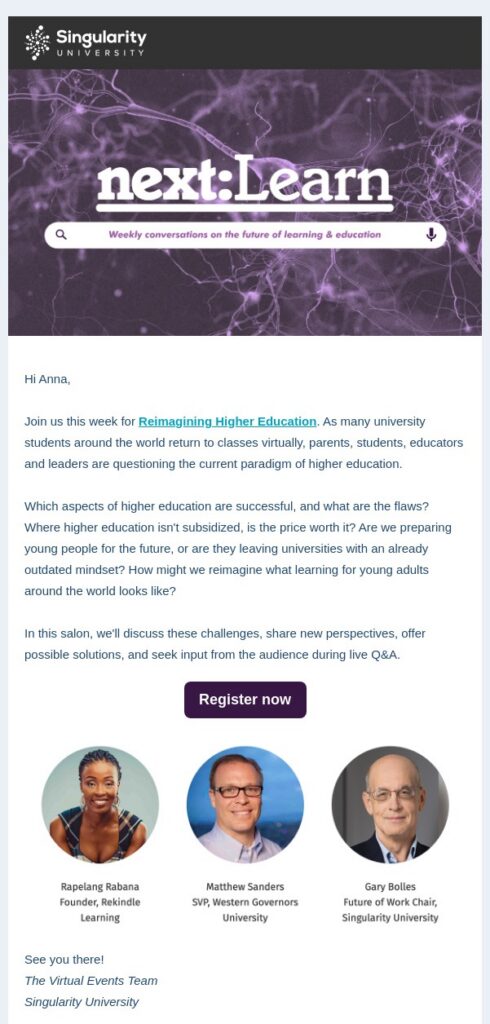 A fragment of an email newsletter for online schools, a part of the email 'Live Event: Reimagining Higher Education 🎓' from Singularity University.