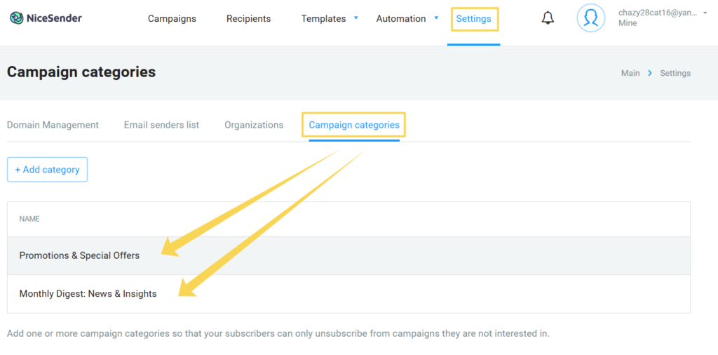Email Campaign Categories in NiceSender