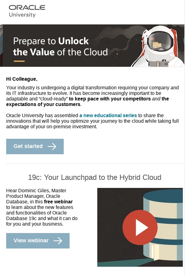 A fragment #1 of an email newsletter for online schools, a part of the email 'Cloud is a journey: maximize your Exadata investment today' from Oracle.