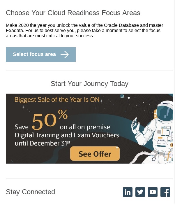 A fragment #2 of an email newsletter for online schools, a part of the email 'Cloud is a journey: maximize your Exadata investment today' from Oracle.