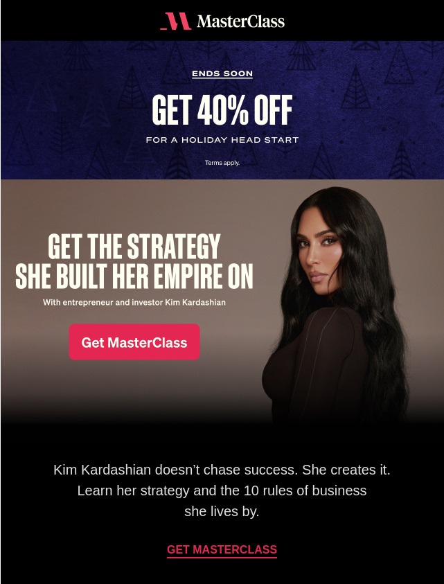 A fragment of an email newsletter for online schools, a part of the email 'How founders build today's most influential brands' from MasterClass.