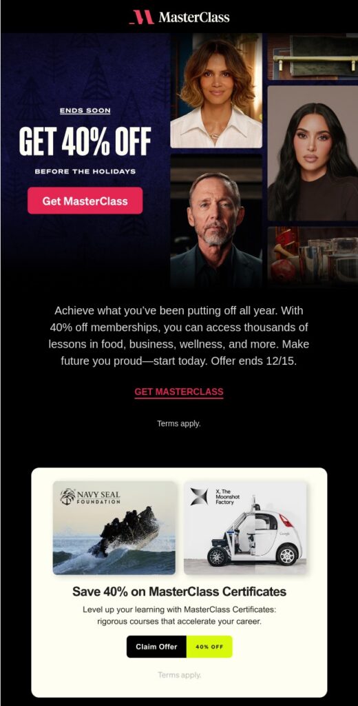 A fragment of an email newsletter for online schools, a part of the email 'Don’t wait—save 40% on MasterClass while you can' from MasterClass.