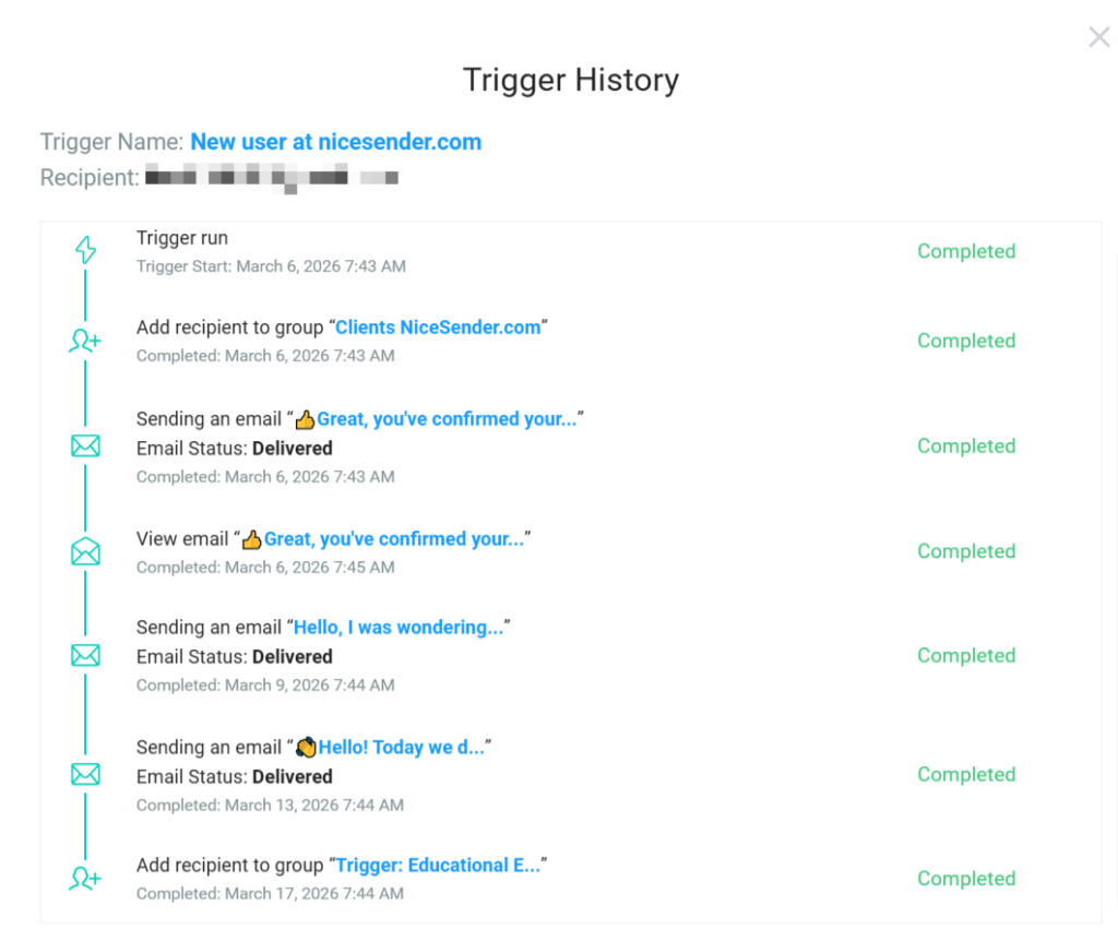Detailed Trigger History in NiceSender email marketing platform