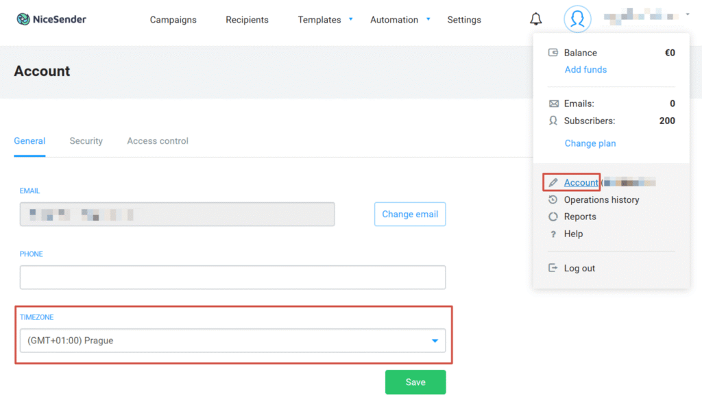 Time Zone Settings in NiceSender Account